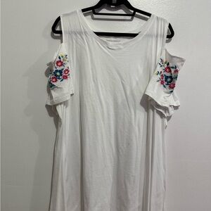 Woman Within White Cold Shoulder Tunic with Floral Embroidery